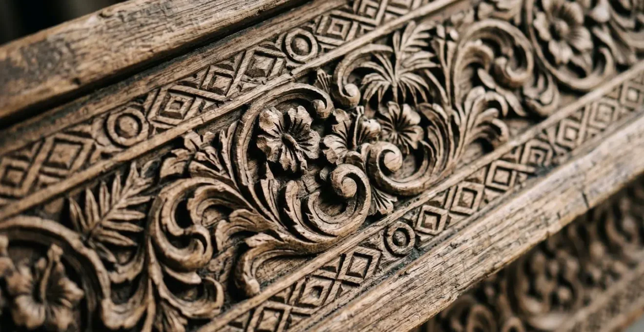 Gros plan sur les lambrequins en dentelle de bois montrant les motifs géométriques et floraux traditionnels