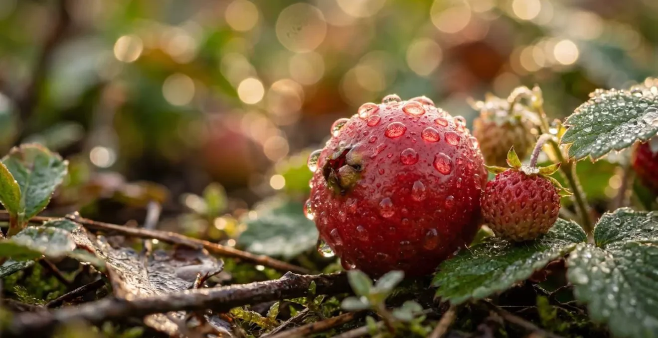 Gros plan macro sur des goyaviers et fraises péi couverts de rosée matinale, avec des détails de texture et une profondeur de champ très courte