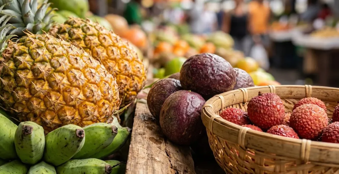 Étal coloré de fruits tropicaux sur un marché réunionnais avec ananas Victoria et régimes de bananes
