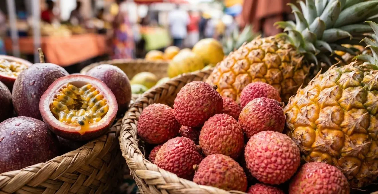 Étal de fruits tropicaux colorés au marché de Saint-Paul à La Réunion