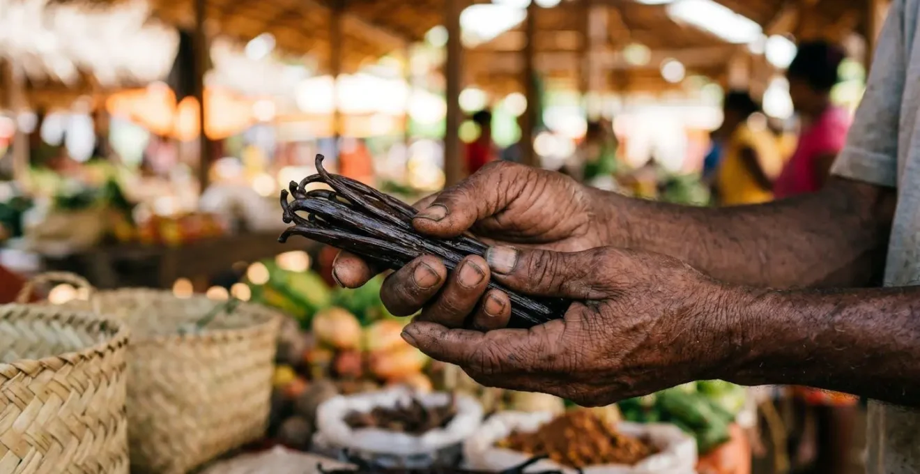 Stand de producteur local de vanille au marché de Saint-Paul à La Réunion