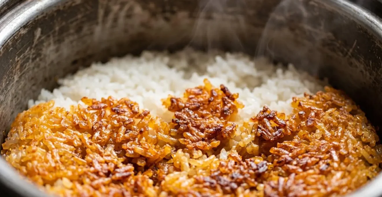 Marmite à riz moderne dans une cuisine créole avec vapeur s'échappant et riz doré visible