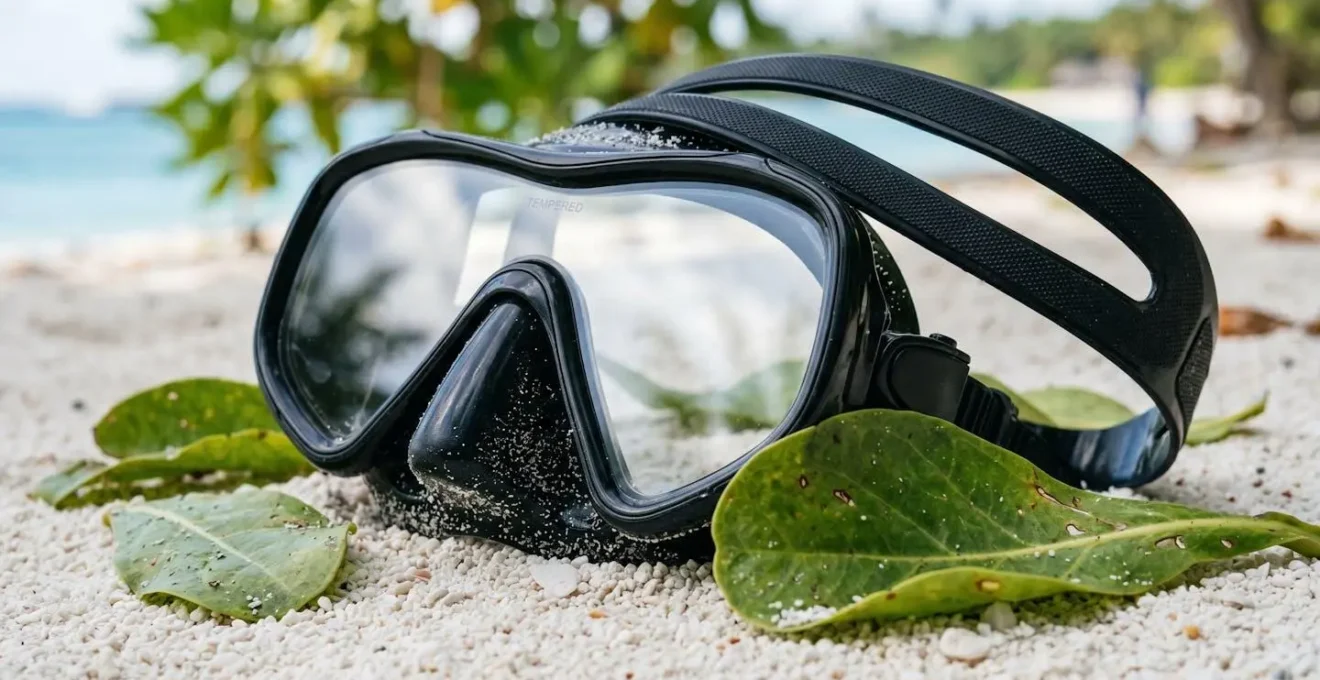 Gros plan sur un masque de plongée cristallin posé sur du sable avec des feuilles de veloutier