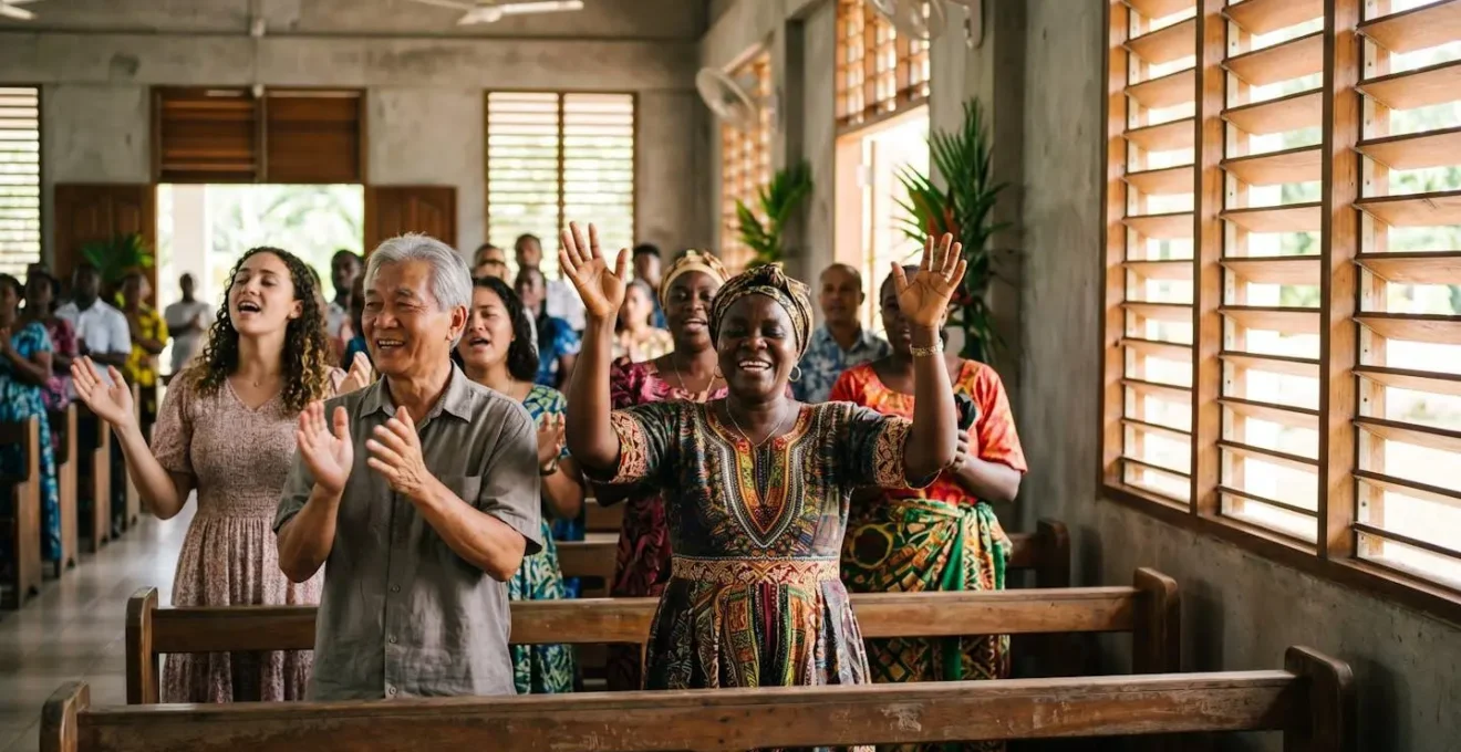 Fidèles participant à une messe créole rythmée dans une église réunionnaise