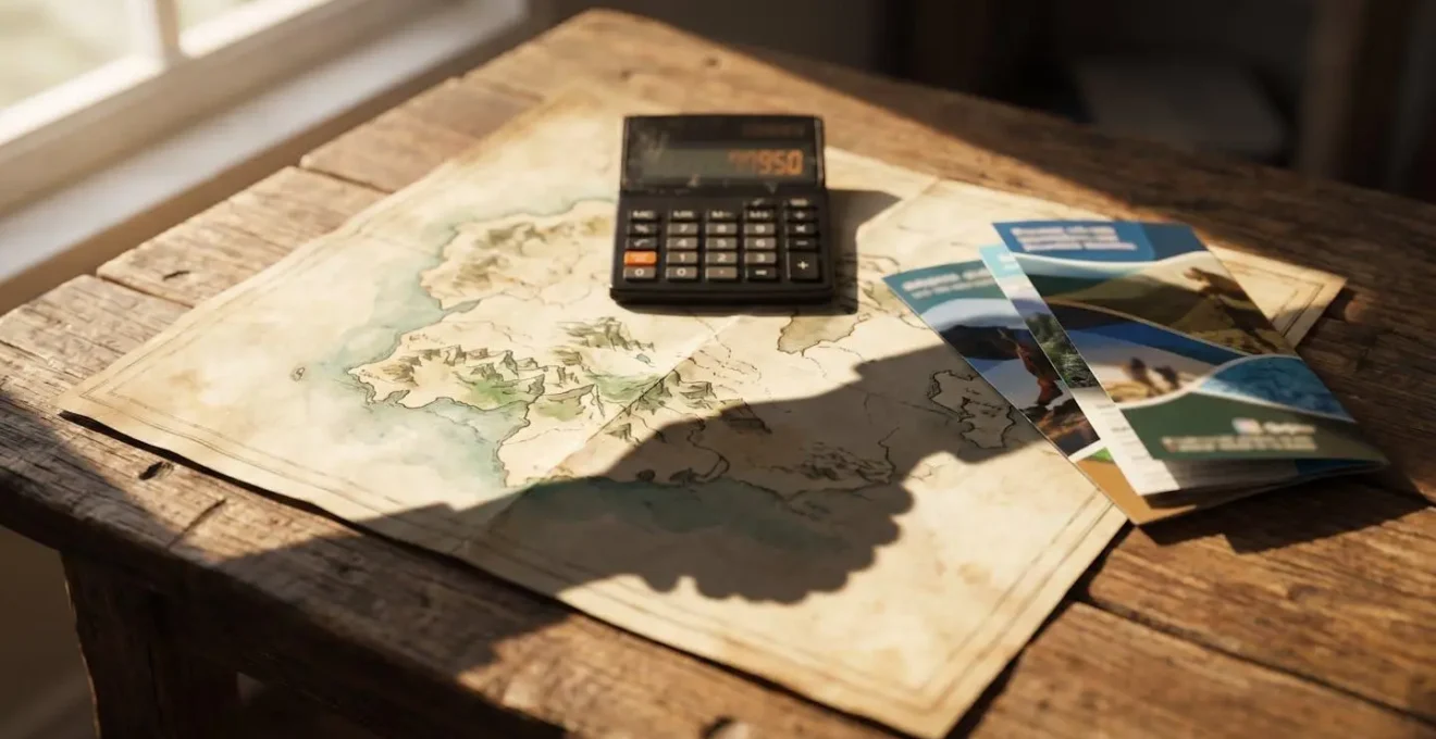 Bureau avec cartes, calculatrice et brochures d'activités sportives étalées, symbolisant la planification et la négociation d'un voyage.