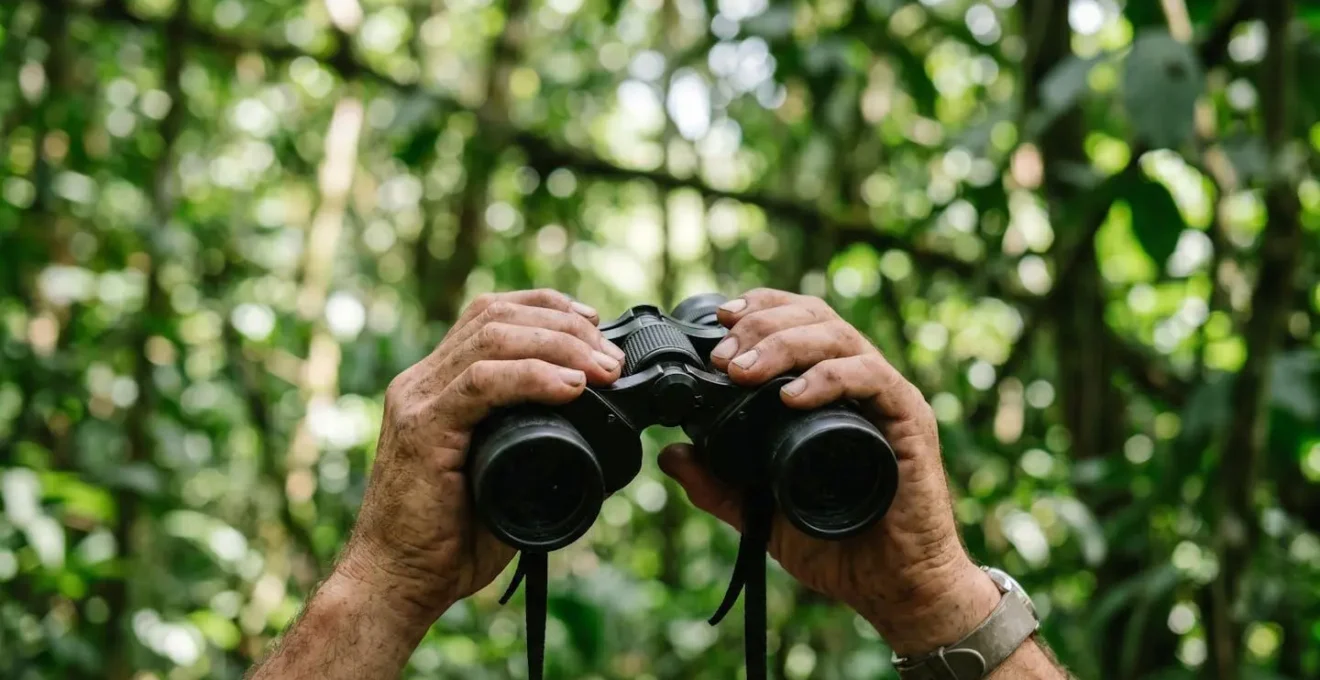 Observateur utilisant des jumelles dans une forêt de tamarins des hauts