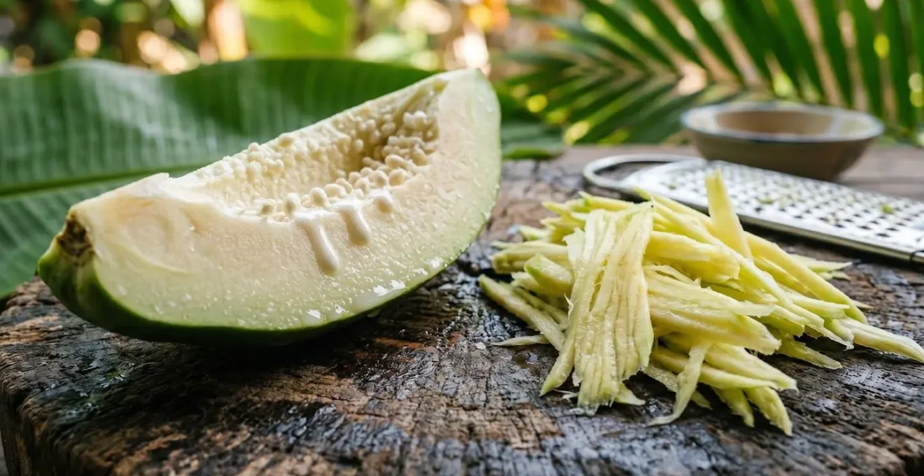 Gros plan sur une papaye verte coupée et une mangue verte râpée sur une planche de bois traditionnelle