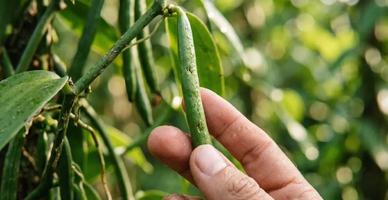 Gros plan sur une main touchant délicatement une gousse de vanille verte sur sa liane dans un jardin tropical