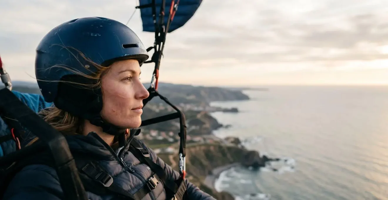 Passager en parapente biplace regardant l'horizon lointain pour éviter la nausée, avec vue sur le paysage côtier