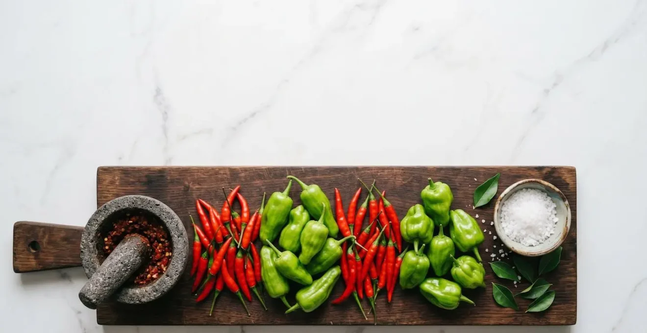 Piments Martin rouges et Piment Cabri verts disposés sur une planche de bois avec échelle de piquant visuelle