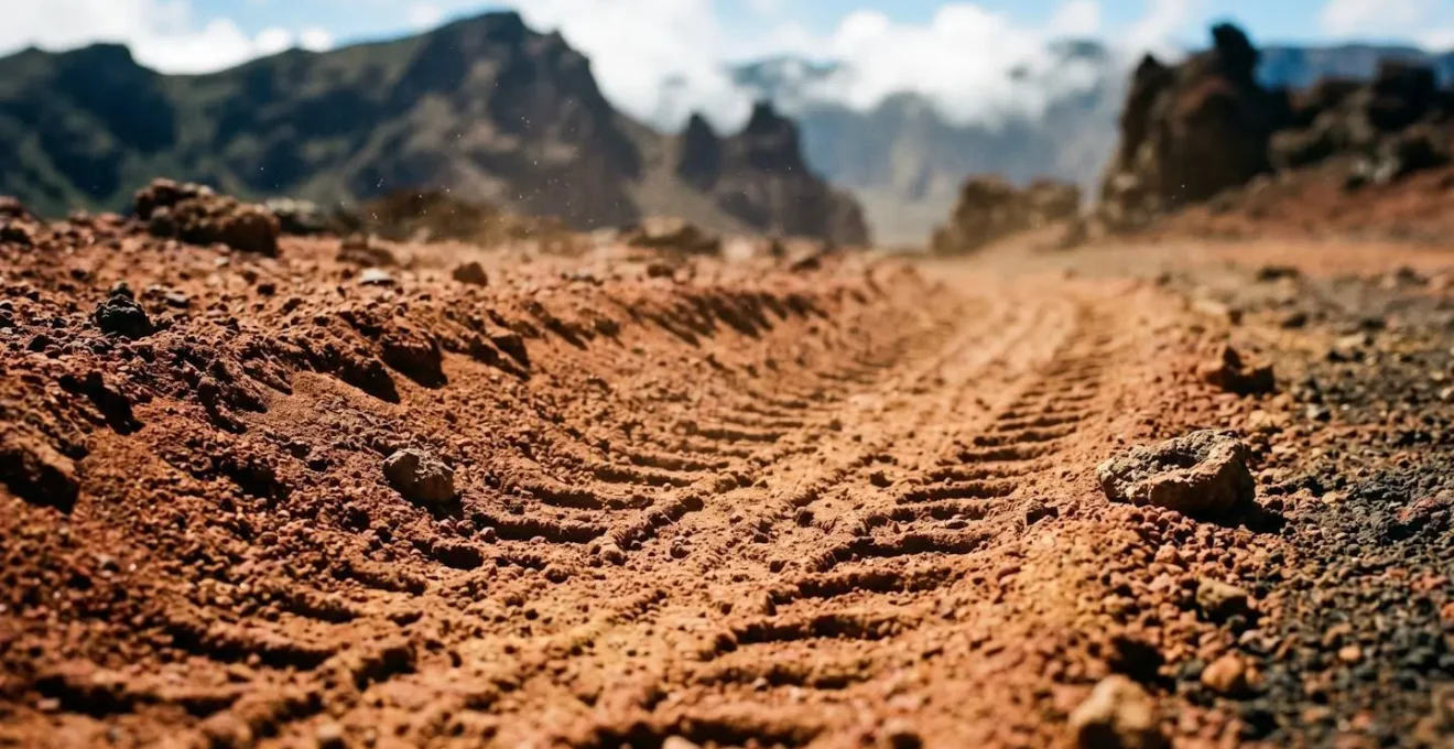 Paysage lunaire de la Plaine des Sables avec piste de terre rouge volcanique