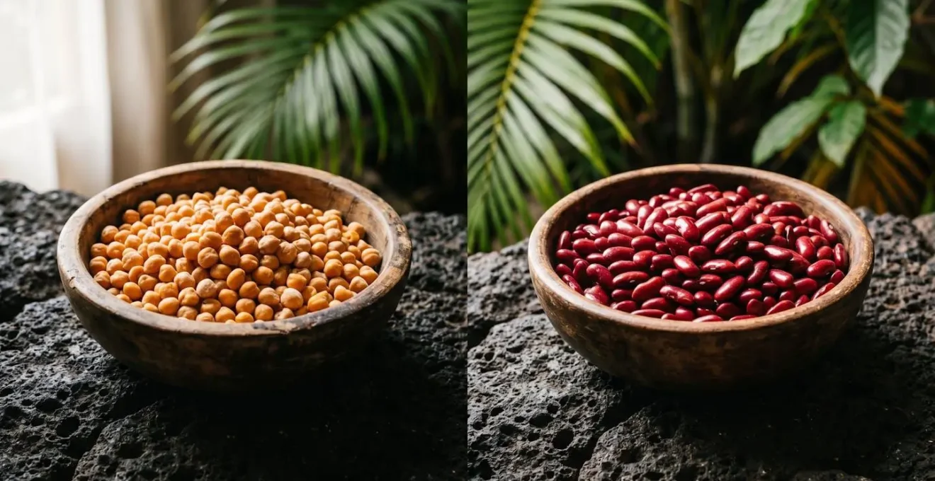 Comparaison visuelle entre pois du Cap dorés et haricots rouges dans des bols traditionnels