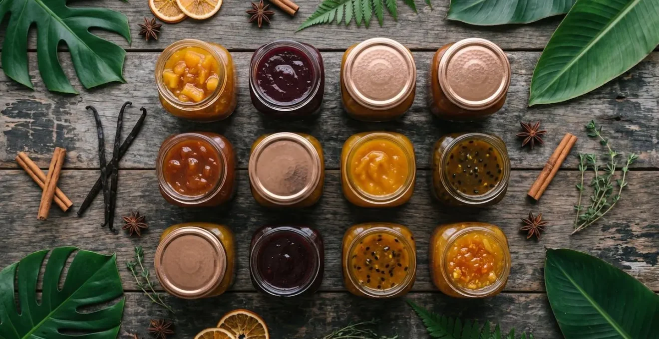 Vue plongeante sur collection de confitures artisanales aux couleurs variées dans environnement tropical