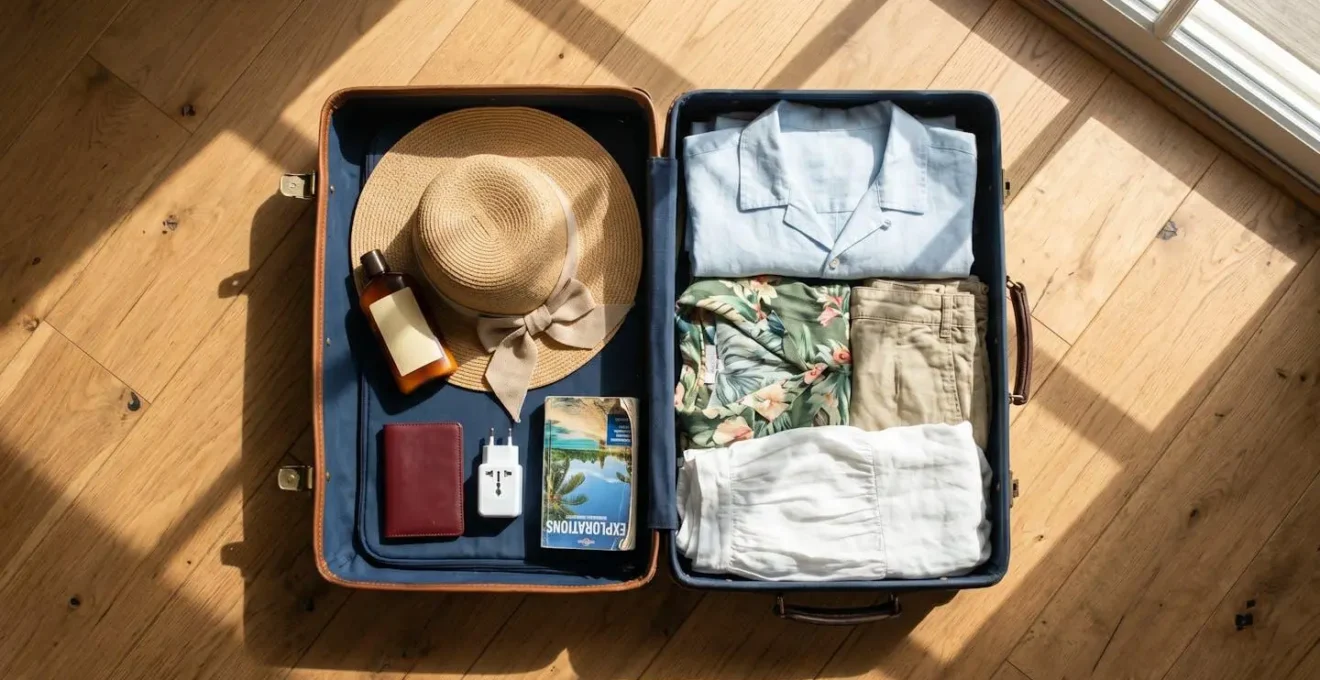 Valise ouverte avec vêtements tropicaux et carte d'identité française pour voyage à La Réunion