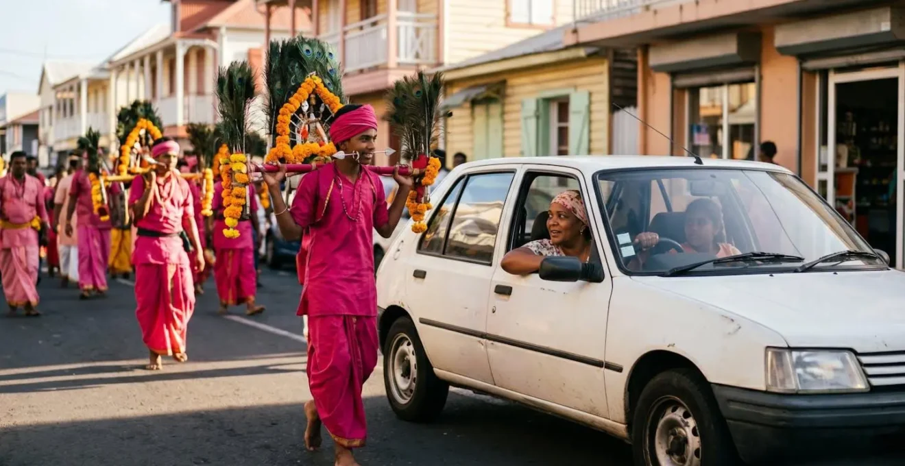 Procession du Cavadee traversant une rue du centre-ville de Saint-Denis avec les automobilistes qui patientent respectueusement