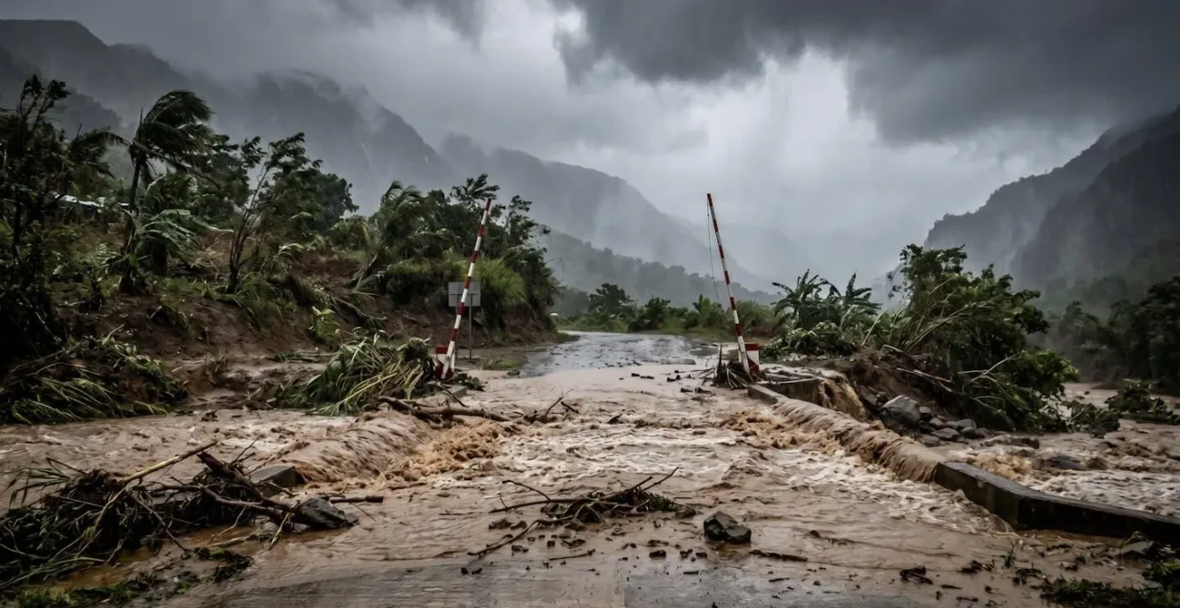 Radier submergé par des eaux boueuses torrentielles traversant une route de montagne