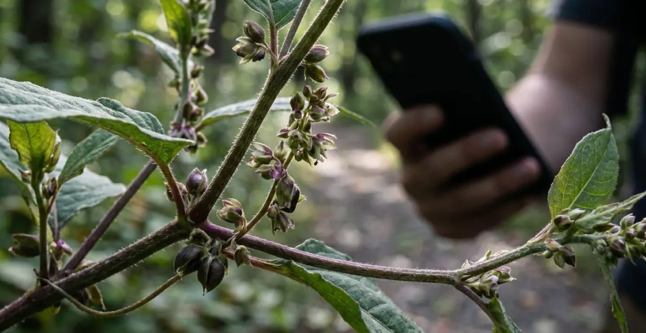 Randonneur utilisant son smartphone pour photographier et géolocaliser une plante invasive sur un sentier