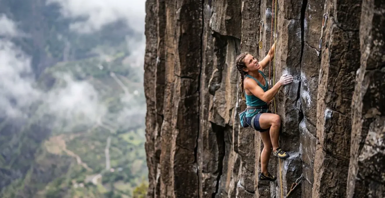 Falaise basaltique vertigineuse du cirque de Mafate avec grimpeur en perspective