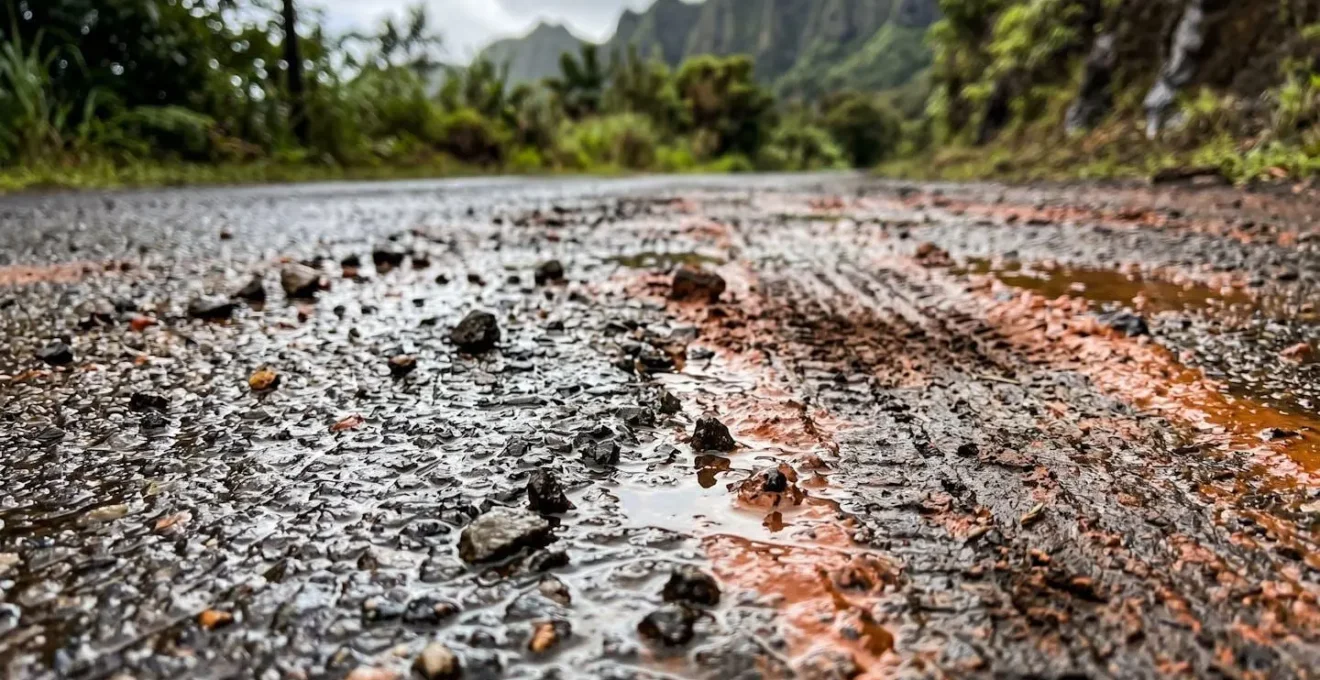 Route de montagne humide parsemée d'éboulis et de traces de boue rouge après une forte pluie tropicale