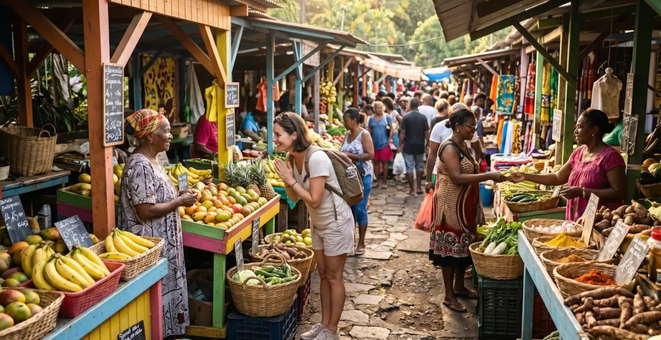 Scène de salutations chaleureuses entre touriste et vendeurs sur un marché créole à La Réunion
