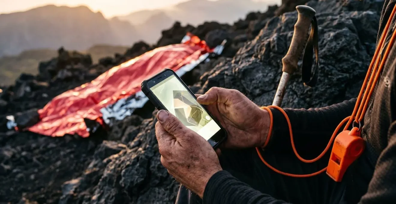 Équipement de sécurité pour randonnée en montagne disposé sur roche volcanique