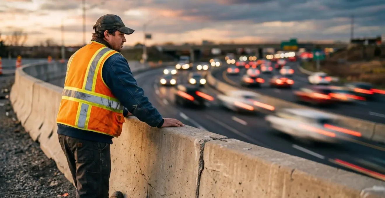 Personne portant un gilet de sécurité haute visibilité vue de dos derrière une glissière de sécurité sur une route floue, symbolisant la prudence en cas d'urgence.