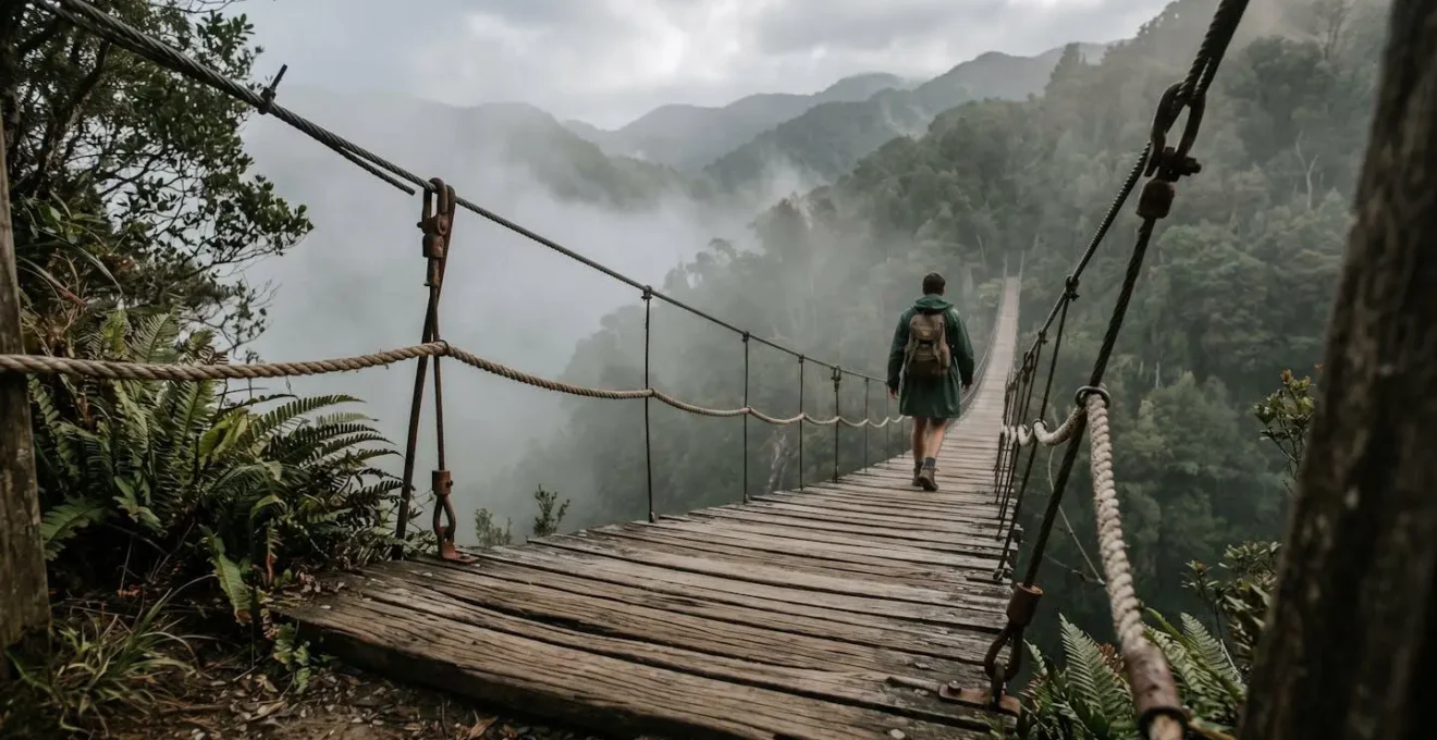 Sentier de montagne sinueux avec passerelle suspendue traversant une ravine dans Mafate