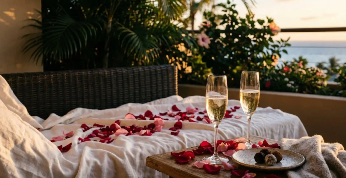 Suite romantique décorée avec pétales de fleurs tropicales et champagne sur terrasse privée