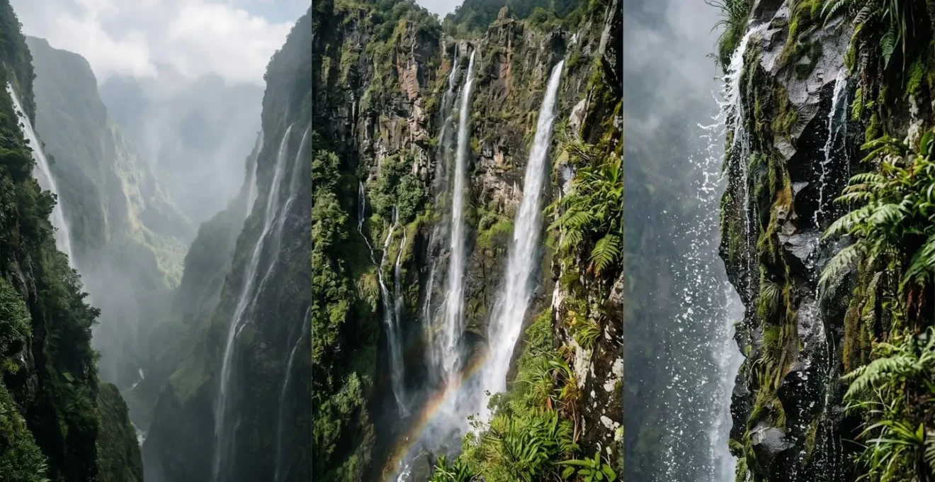Vue aérienne rapprochée des cascades vertigineuses du Trou de Fer, capturée depuis un ULM à La Réunion.