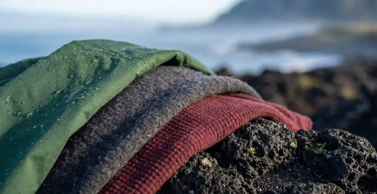 Vêtements techniques disposés en trois couches sur un rocher, avec une vue en arrière-plan montrant la transition de la mer à la montagne.