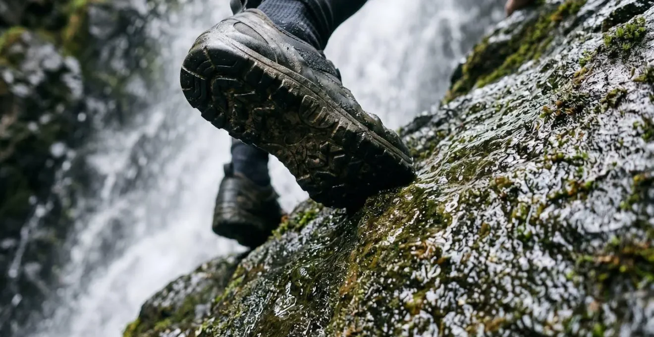 Gros plan sur des pieds équipés de chaussures de canyoning sur roche basaltique humide avec biofilm