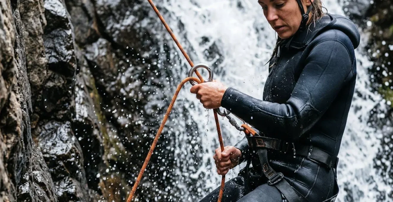 Canyoniste gérant son descendeur sur corde mouillée dans une cascade de La Réunion