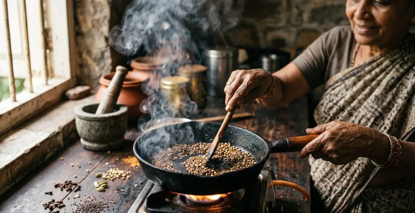Graines de coriandre et cumin grillées dans une poêle en fonte avec fumée aromatique visible