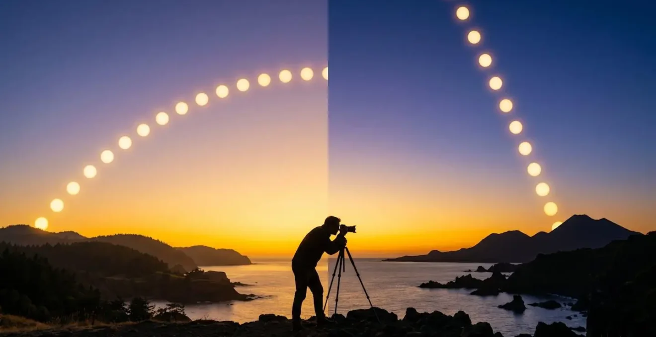 Schéma visuel montrant la trajectoire perpendiculaire du soleil sous les tropiques avec un photographe en silhouette