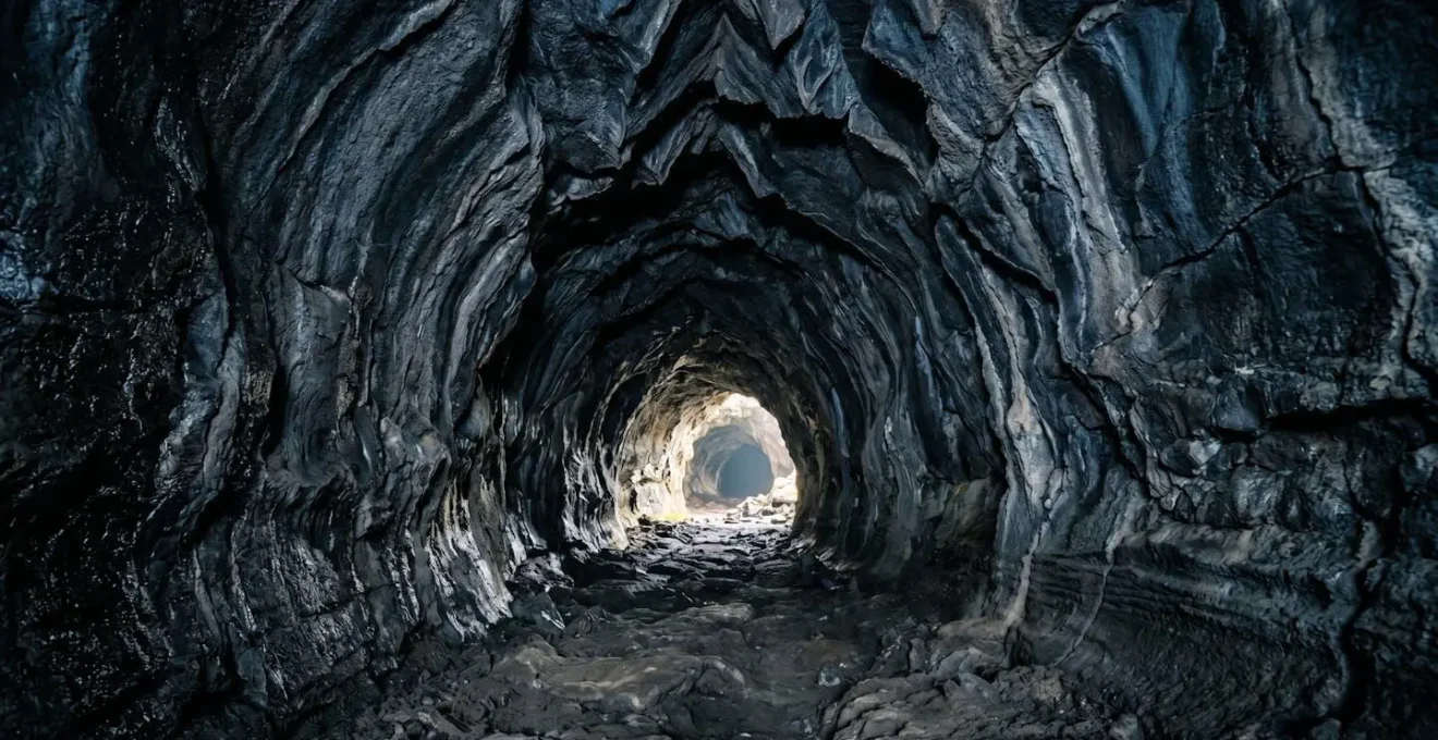 Intérieur d'un tunnel de lave avec ses formations géologiques et jeux de lumière naturelle