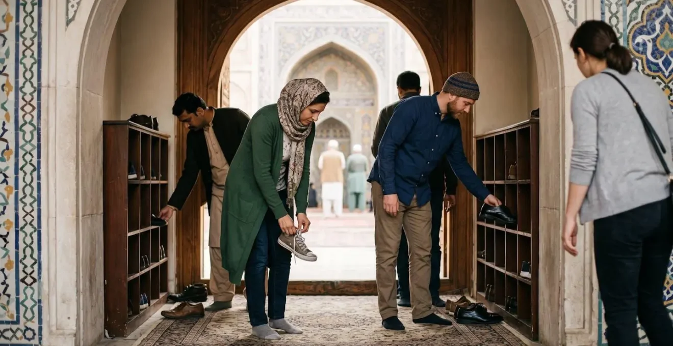 Visiteurs retirant leurs chaussures à l'entrée d'une mosquée