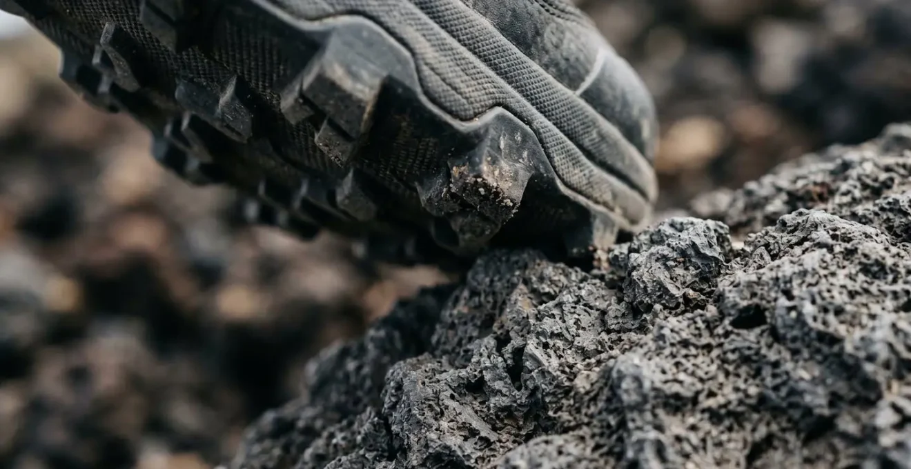 Gros plan sur une semelle de chaussure de trail accrochée à de la roche volcanique