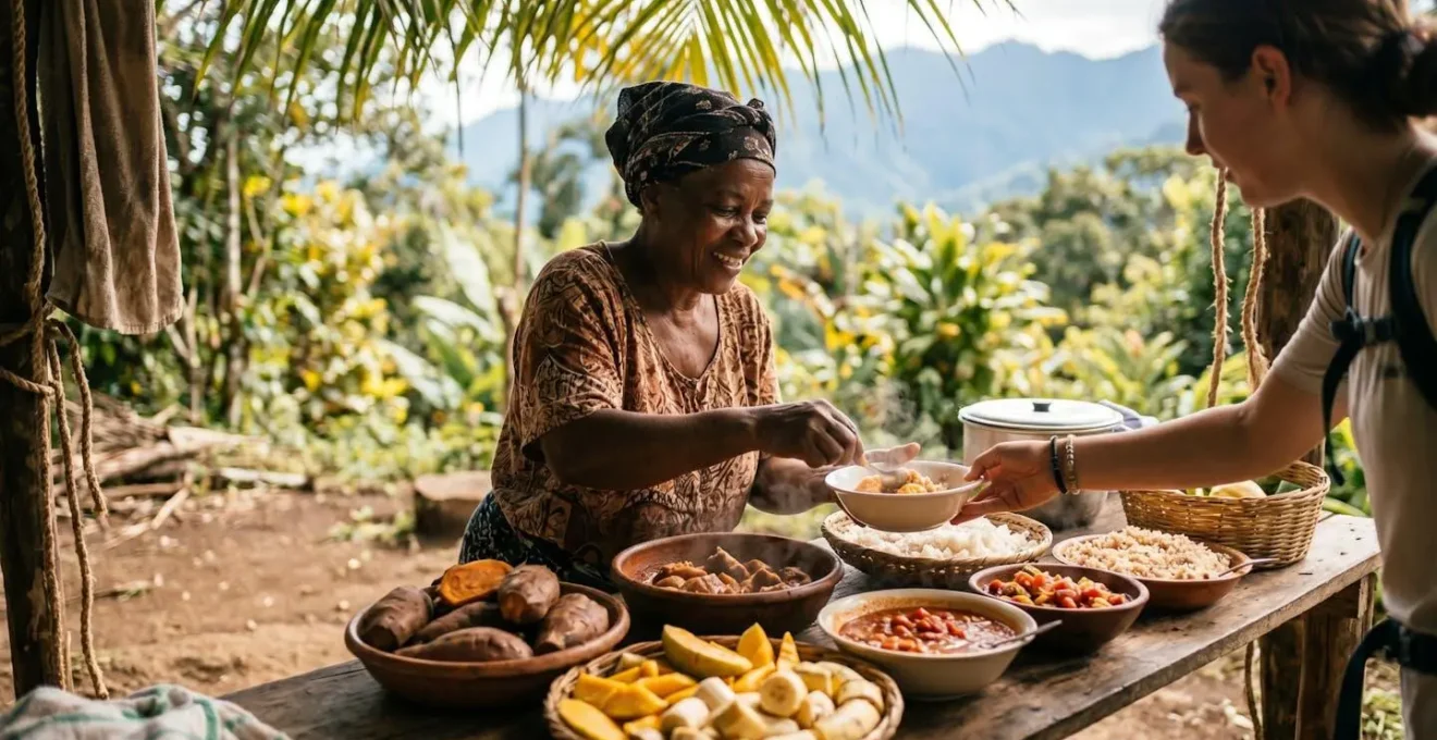 Table de ravitaillement avec patates douces, fruits tropicaux et plats créoles traditionnels