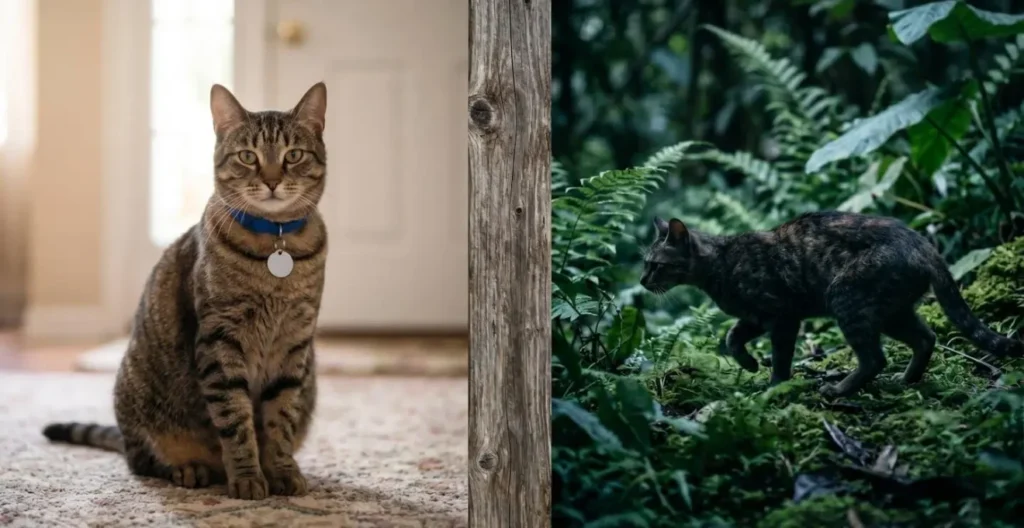 Comparaison visuelle entre chat domestique en zone habitée et chat haret en forêt tropicale Comparaison visuelle entre chat domestique en zone habitée et chat haret en forêt tropicale